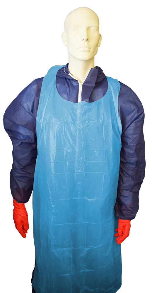 Mediflex blue disposable apron worn over protective clothing with red gloves on mannequin